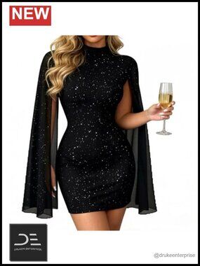 Sparkly Bodycon Mini Dress with Cape Sleeve
